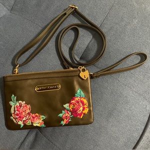 Betsy Johnson Black Floral Crossbody Purse, convertible into Wristlet